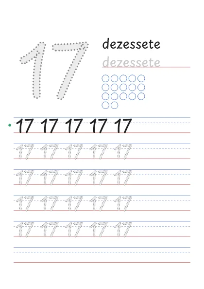 Número 17 pontilhado com a palavra dezessete e 17 bolinhas para contar