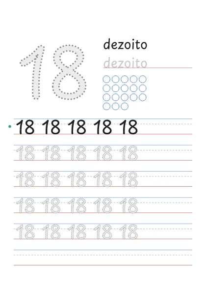 Número 18 pontilhado com a palavra dezoito e 18 bolinhas para contar