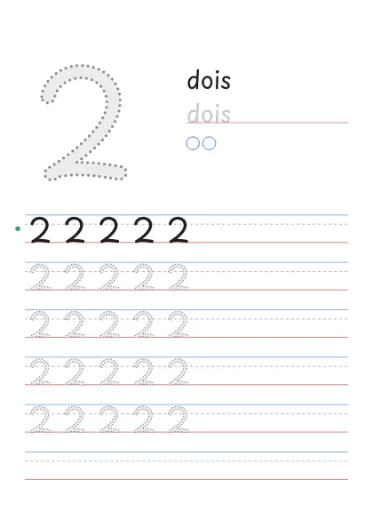 Número 2 pontilhado com a palavra dois e 2 bolinhas para contar