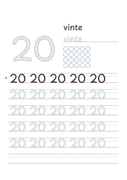 Número 20 pontilhado com a palavra vinte e 20 bolinhas para contar