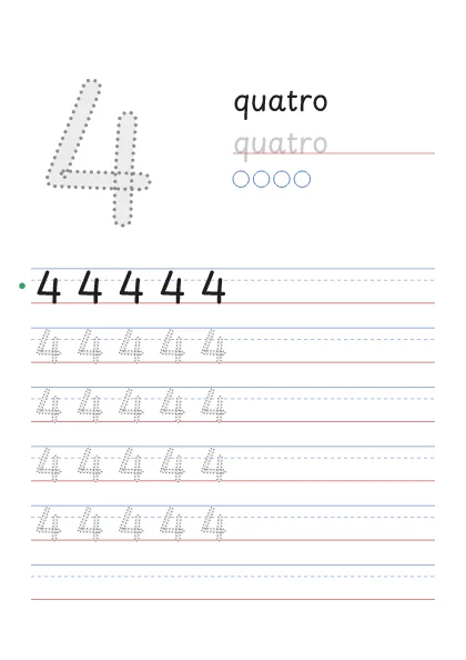 Número 4 pontilhado com a palavra quatro e 4 bolinhas para contar
