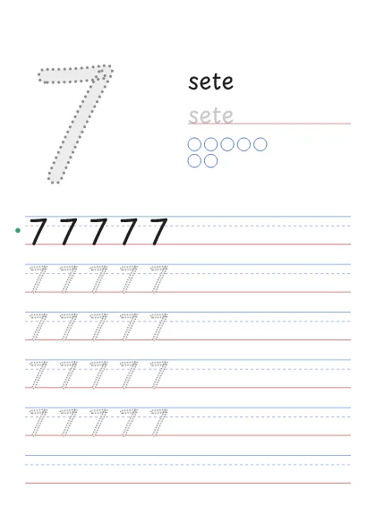 Número 7 pontilhado com a palavra sete e 7 bolinhas para contar