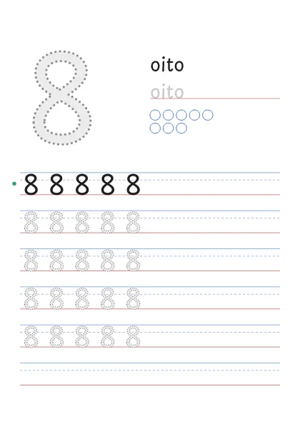 Número 8 pontilhado com a palavra oito e 8 bolinhas para contar