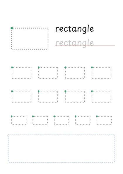 Rectangle tracing worksheet: a big dotted rectangle, the word rectangle to trace and rows of smaller rectangles