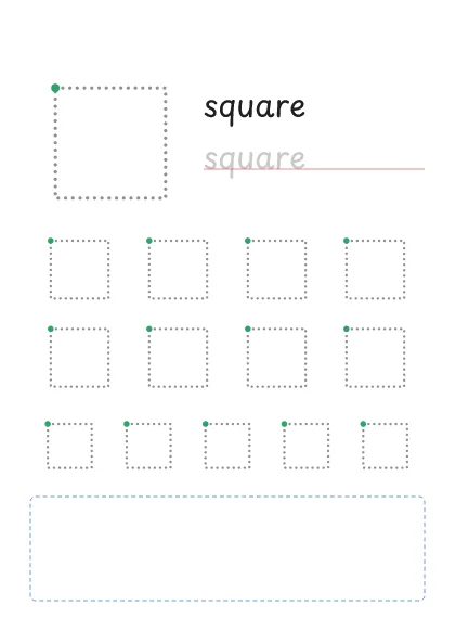 Square tracing worksheet: a big dotted square, the word square to trace and rows of smaller squares