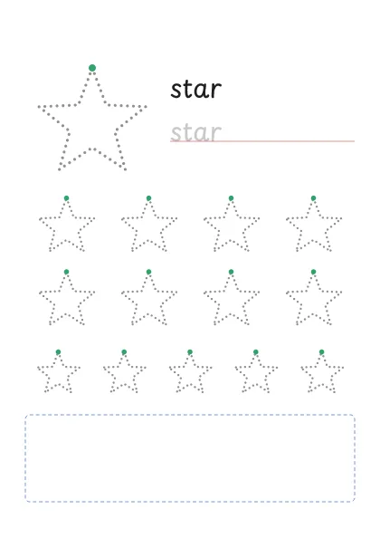 Star tracing worksheet: a big dotted star, the word star to trace and rows of smaller stars