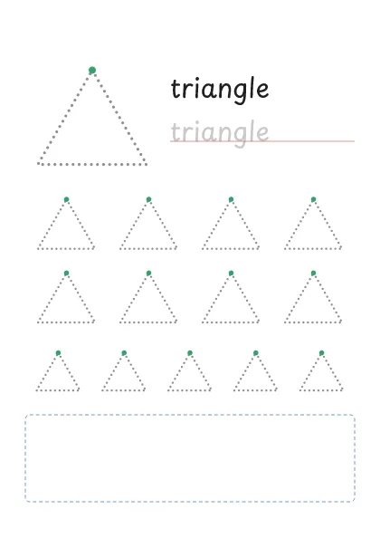 Triangle tracing worksheet: a big dotted triangle, the word triangle to trace and rows of smaller triangles