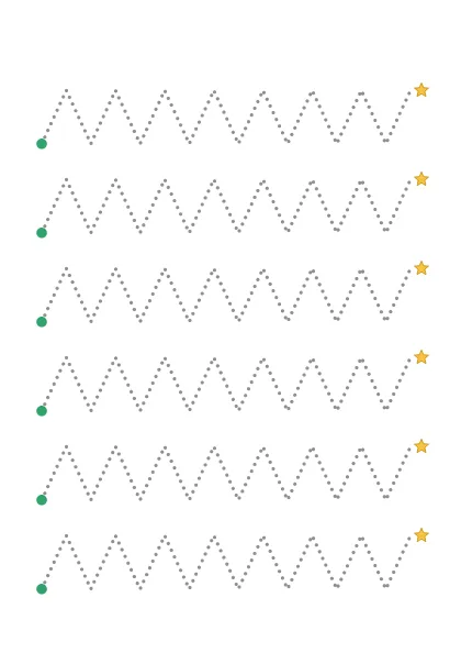 Zigzag lines tracing worksheet: big dotted rows from a green dot to a star