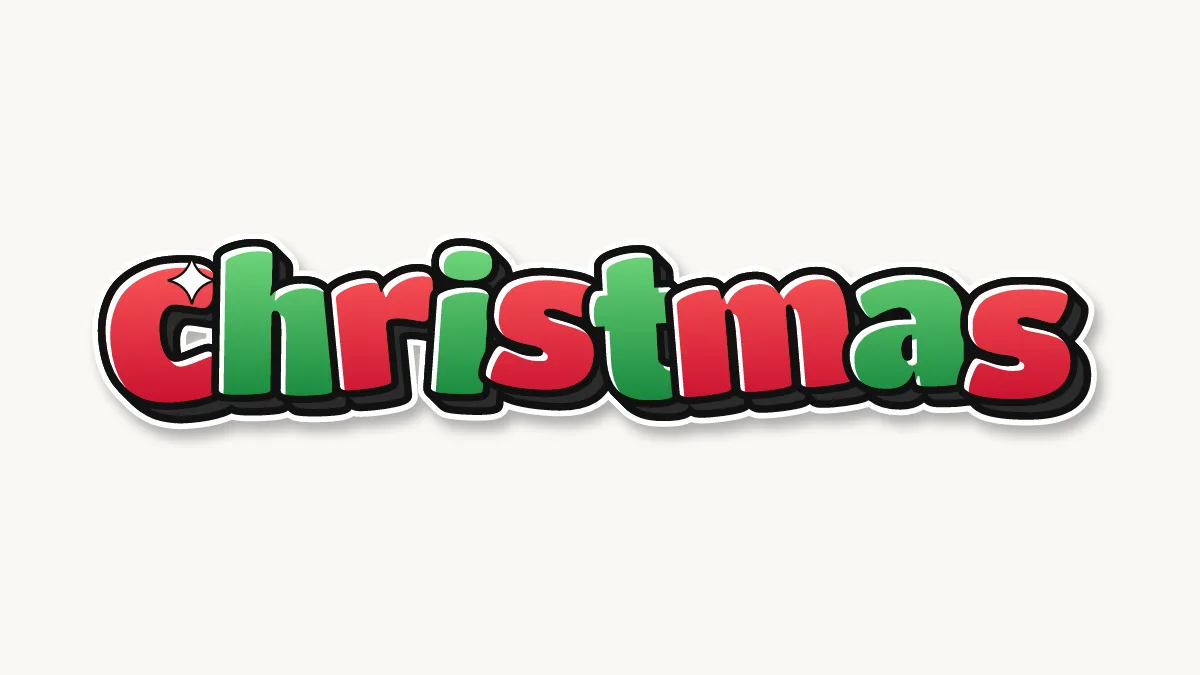 Christmas in bubble letters, colored with a black outline and 3D shadow