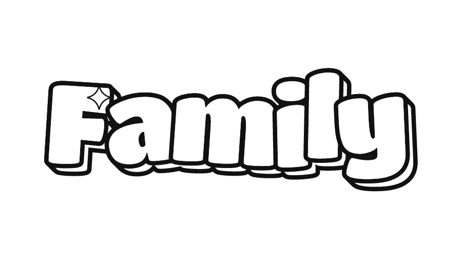 Family in bubble letters, printable outline to color