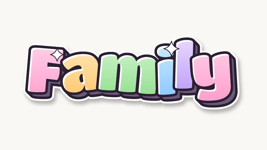 Family in cute pastel bubble letters