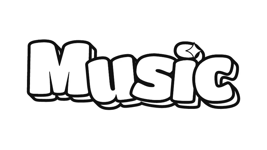 Music in bubble letters, printable outline to color